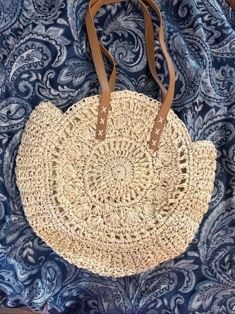 Natural Crochet Round Tote with Tan Handles